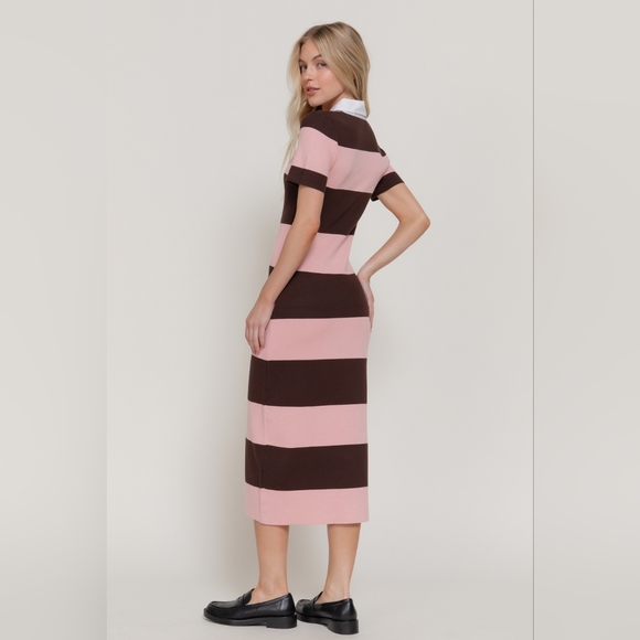 ​Active USA Striped Knit Polo Midi Dress - Pink & Brown Preppy Collared Sheath - Picture 4 of 14